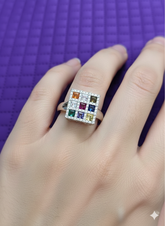Silver Navratan Square Ring